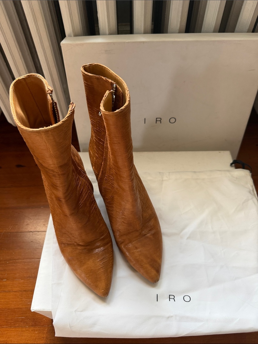 IRO Cognac Leather Pointed-Toe Mid Heel Ankle Boots